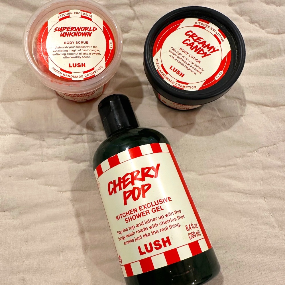LUSH Cherry Pop Kitchen Exclusive Shower Gel, Body Scrub & Lotion Set